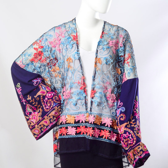 Embroidered Floral Paisley Mesh Kimono - Picture 5 of 6